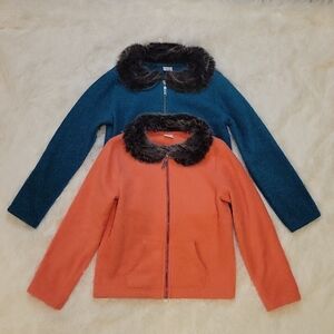 Gymboree Teal and Coral Fleece Faux Fur Collared Jackets Girls Size 7/8 Set of 2